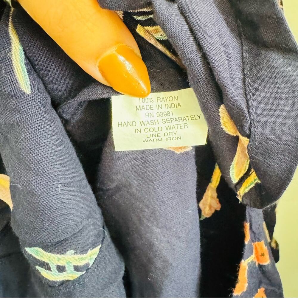 VINTAGE 90s SAND PIPER Dark Navy Blue Beige Abstract Floral Blouse Shirt Top M - Picture 9 of 14